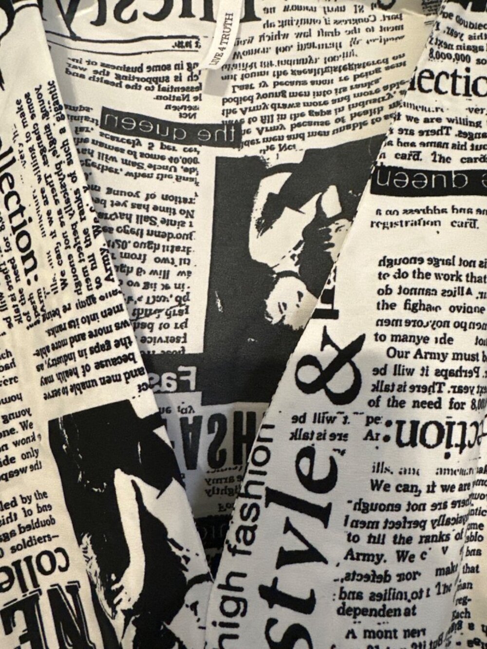 Newspaper Print Peplum Top With Smocked Waist And Button Front - Black & White - - Picture 3 of 6